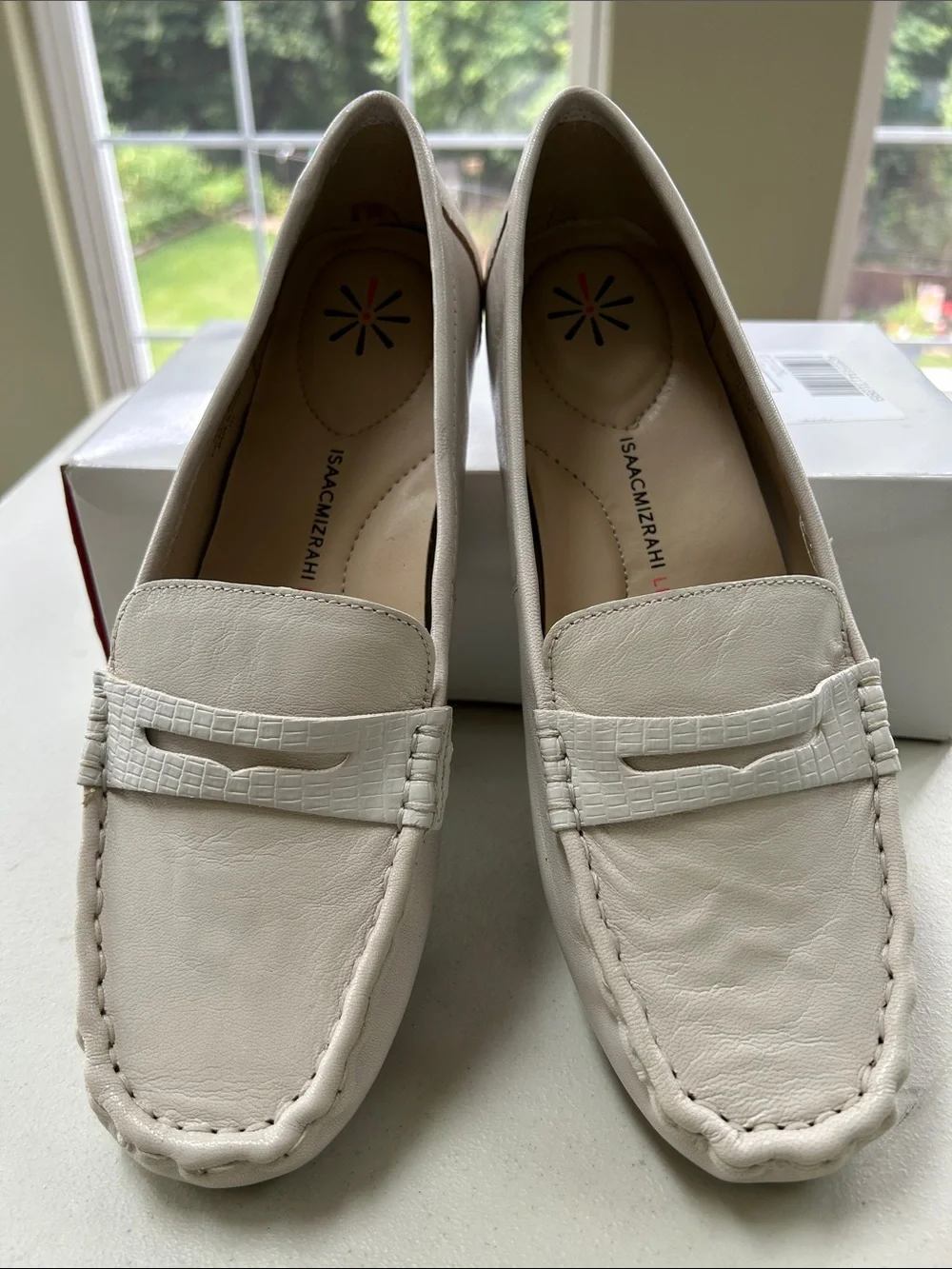 Isaac Mizrahi Cream Leather Croc-Accent Loafers